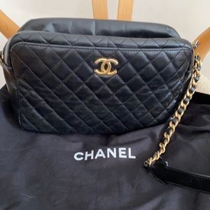 Chanel Lambskin Leather Large Camera Adjustable Crossbody Shoulder Black Bag EC